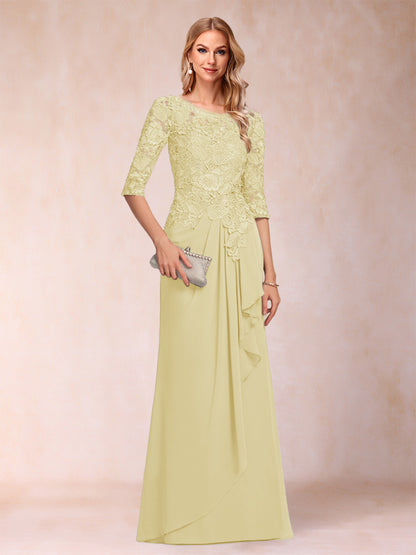 Robe de Mère de la Mariée En Mousseline de Soie à Manches 3/4 et Coupe Princesse avec Volants et Appliques