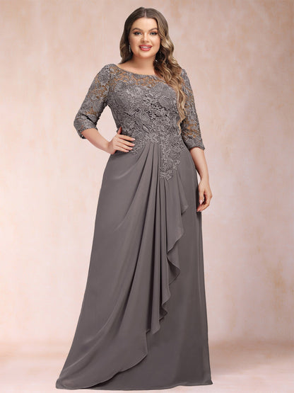 Robe de Mère de la Mariée Grande Taille à Manches 3/4 et Coupe Princesse avec Volants et Appliques