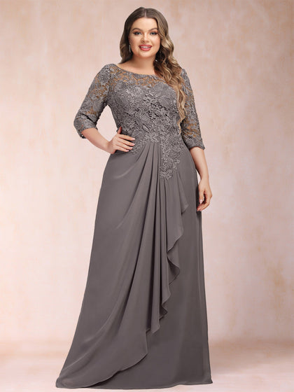 Robe de Mère de la Mariée Grande Taille à Manches 3/4 et Coupe Princesse avec Volants et Appliques