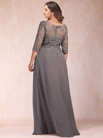 Robe de Mère de la Mariée Grande Taille à Manches 3/4 et Coupe Princesse avec Volants et Appliques