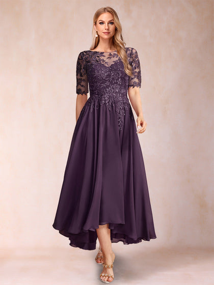 Robe de Mère de la Mariée En Mousseline de Soie à Manches Mi-Longues et Coupe Princesse avec Décolleté En V et Appliques