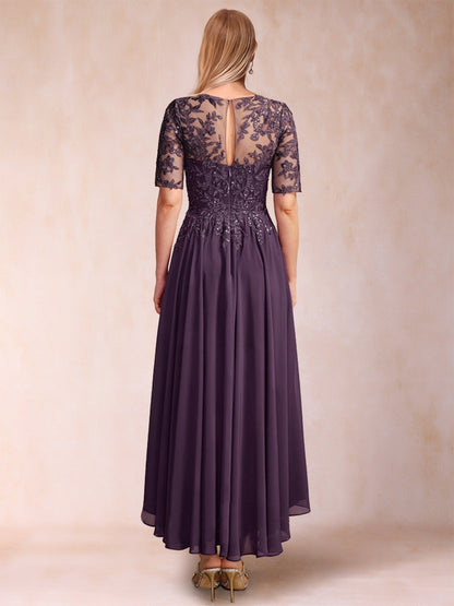 Robe de Mère de la Mariée En Mousseline de Soie à Manches Mi-Longues et Coupe Princesse avec Décolleté En V et Appliques