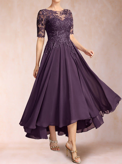 Robe de Mère de la Mariée En Mousseline de Soie à Manches Mi-Longues et Coupe Princesse avec Décolleté En V et Appliques