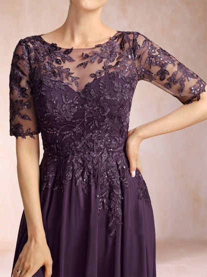 Robe de Mère de la Mariée En Mousseline de Soie à Manches Mi-Longues et Coupe Princesse avec Décolleté En V et Appliques
