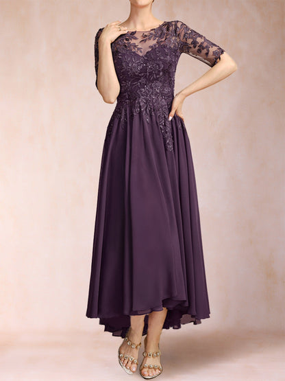 Robe de Mère de la Mariée En Mousseline de Soie à Manches Mi-Longues et Coupe Princesse avec Décolleté En V et Appliques