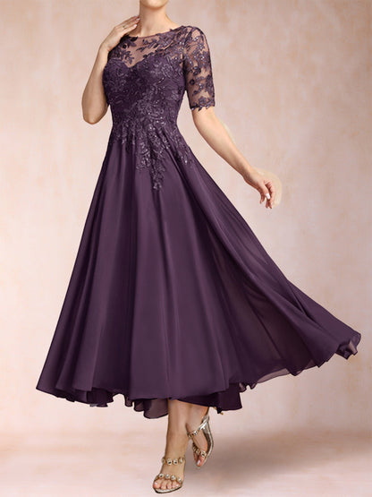 Robe de Mère de la Mariée En Mousseline de Soie à Manches Mi-Longues et Coupe Princesse avec Décolleté En V et Appliques