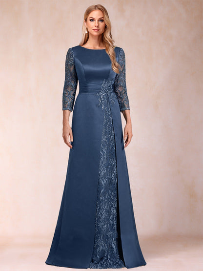 Robe de Mère de la Mariée En Satin à Manches 3/4 et Coupe Princesse avec Décolleté En V et Appliques