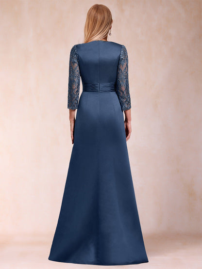 Robe de Mère de la Mariée En Satin à Manches 3/4 et Coupe Princesse avec Décolleté En V et Appliques