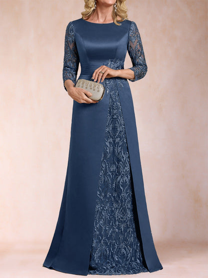 Robe de Mère de la Mariée En Satin à Manches 3/4 et Coupe Princesse avec Décolleté En V et Appliques