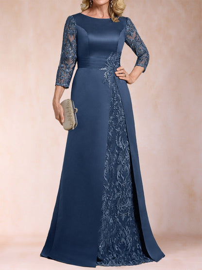 Robe de Mère de la Mariée En Satin à Manches 3/4 et Coupe Princesse avec Décolleté En V et Appliques