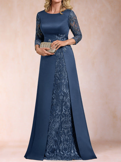 Robe de Mère de la Mariée En Satin à Manches 3/4 et Coupe Princesse avec Décolleté En V et Appliques