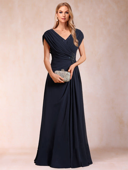 Robe de Mère de la Mariée En Mousseline de Soie à Col En V et Coupe Princesse avec Appliques et Perles