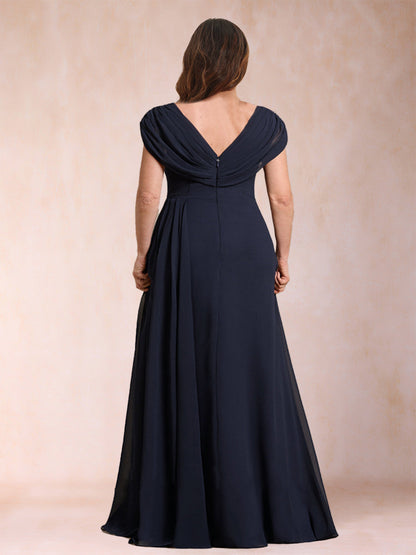 Robe de Mère de la Mariée Grande Taille, Coupe Trapèze/Princesse, Col en V, en Mousseline Froncée avec Appliques et Perles