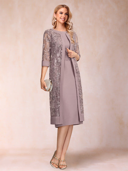 Robe de Mère de la Mariée En Mousseline de Soie Froncée avec Gaine/Colonne et Veste et Strass