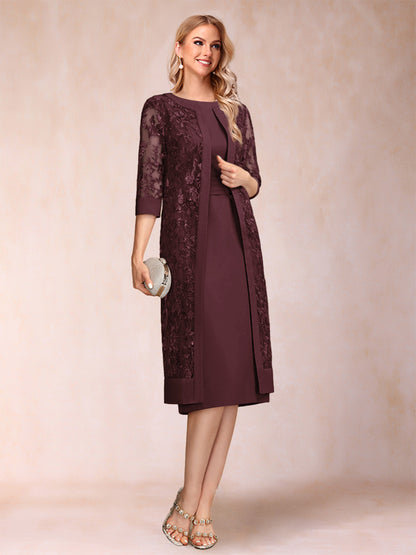 Robe de Mère de la Mariée En Mousseline de Soie Froncée avec Gaine/Colonne et Veste et Strass