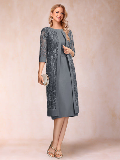 Robe de Mère de la Mariée En Mousseline de Soie Froncée avec Gaine/Colonne et Veste et Strass