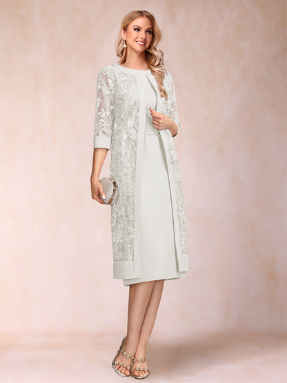 Robe de Mère de la Mariée En Mousseline de Soie Froncée avec Gaine/Colonne et Veste et Strass