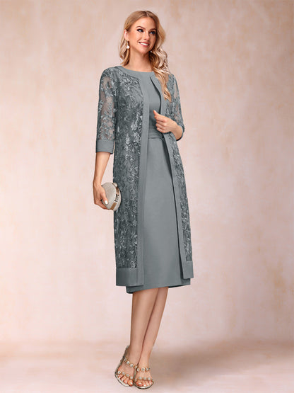 Robe de Mère de la Mariée En Mousseline de Soie Froncée avec Gaine/Colonne et Veste et Strass