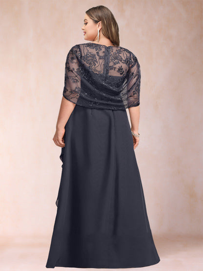Robe de Mère de la Mariée Grande Taille, Coupe Trapèze/Princesse, en Mousseline avec Appliques et Volants