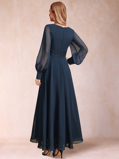 Robe de Mère de la Mariée Coupe A-Line/Princess à Col En V et Manches Longues avec Strass et Volants