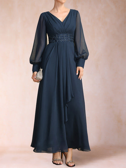 Robe de Mère de la Mariée Coupe A-Line/Princess à Col En V et Manches Longues avec Strass et Volants