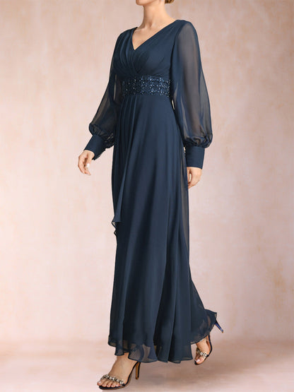 Robe de Mère de la Mariée Coupe A-Line/Princess à Col En V et Manches Longues avec Strass et Volants