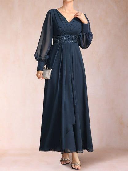 Robe de Mère de la Mariée Coupe A-Line/Princess à Col En V et Manches Longues avec Strass et Volants
