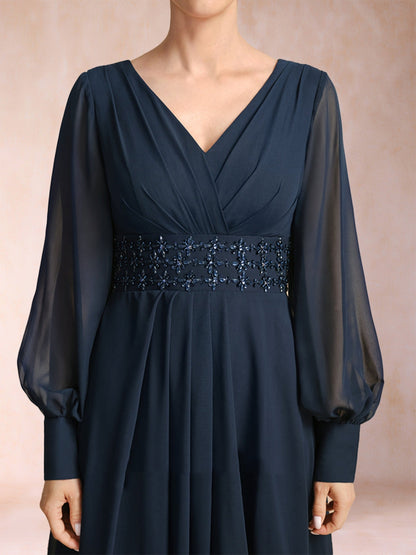 Robe de Mère de la Mariée Coupe A-Line/Princess à Col En V et Manches Longues avec Strass et Volants