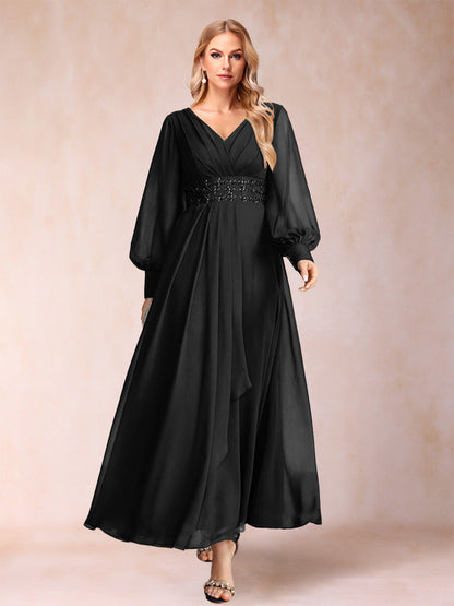 Robe de Mère de la Mariée Coupe A-Line/Princess à Col En V et Manches Longues avec Strass et Volants