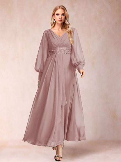 Robe de Mère de la Mariée Coupe A-Line/Princess à Col En V et Manches Longues avec Strass et Volants