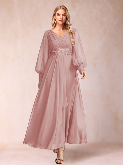 Robe de Mère de la Mariée Coupe A-Line/Princess à Col En V et Manches Longues avec Strass et Volants