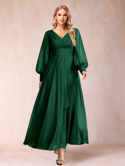 Robe de Mère de la Mariée Coupe A-Line/Princess à Col En V et Manches Longues avec Strass et Volants