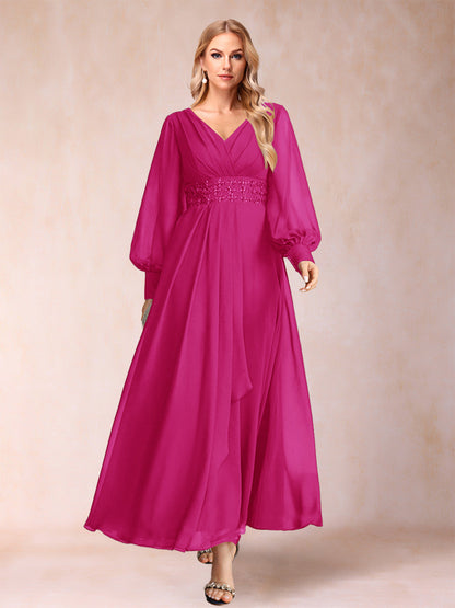 Robe de Mère de la Mariée Coupe A-Line/Princess à Col En V et Manches Longues avec Strass et Volants
