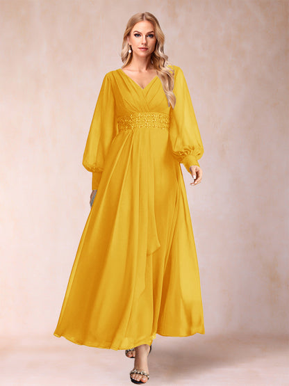 Robe de Mère de la Mariée Coupe A-Line/Princess à Col En V et Manches Longues avec Strass et Volants