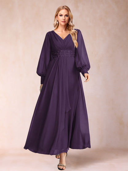 Robe de Mère de la Mariée Coupe A-Line/Princess à Col En V et Manches Longues avec Strass et Volants