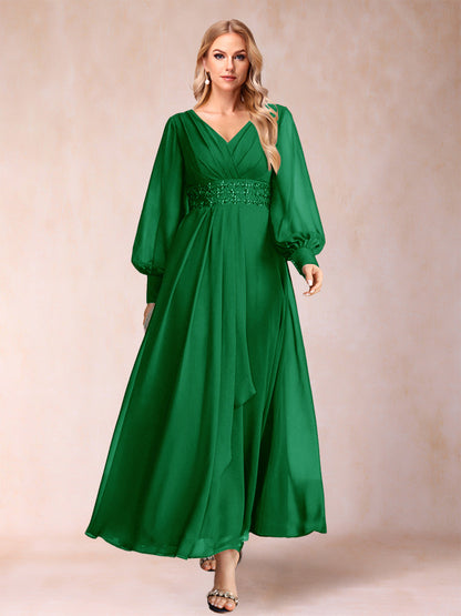 Robe de Mère de la Mariée Coupe A-Line/Princess à Col En V et Manches Longues avec Strass et Volants