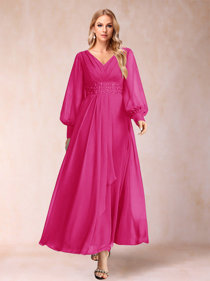 Robe de Mère de la Mariée Coupe A-Line/Princess à Col En V et Manches Longues avec Strass et Volants