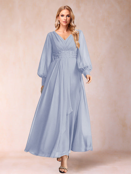Robe de Mère de la Mariée Coupe A-Line/Princess à Col En V et Manches Longues avec Strass et Volants