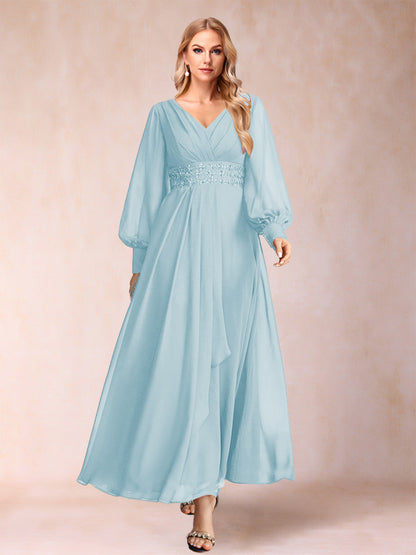 Robe de Mère de la Mariée Coupe A-Line/Princess à Col En V et Manches Longues avec Strass et Volants