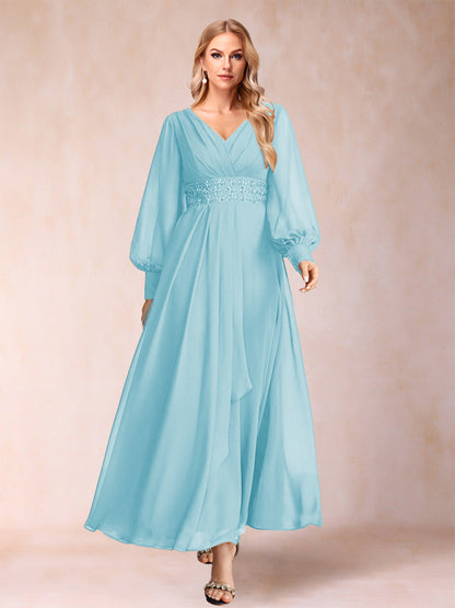 Robe de Mère de la Mariée Coupe A-Line/Princess à Col En V et Manches Longues avec Strass et Volants