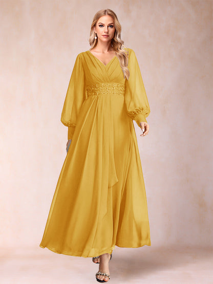 Robe de Mère de la Mariée Coupe A-Line/Princess à Col En V et Manches Longues avec Strass et Volants