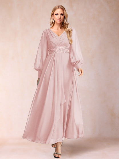 Robe de Mère de la Mariée Coupe A-Line/Princess à Col En V et Manches Longues avec Strass et Volants