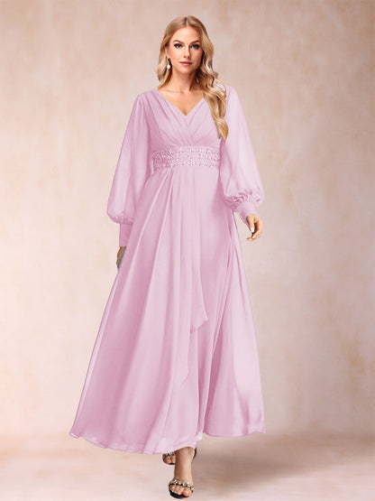 Robe de Mère de la Mariée Coupe A-Line/Princess à Col En V et Manches Longues avec Strass et Volants