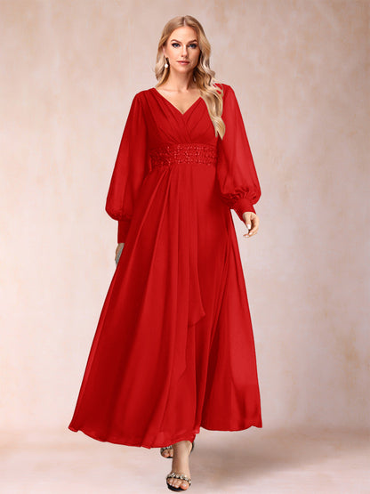 Robe de Mère de la Mariée Coupe A-Line/Princess à Col En V et Manches Longues avec Strass et Volants