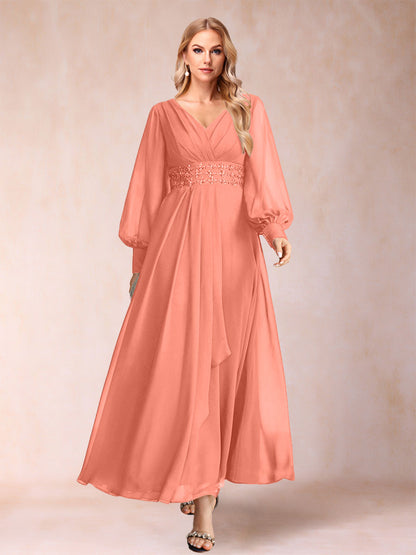 Robe de Mère de la Mariée Coupe A-Line/Princess à Col En V et Manches Longues avec Strass et Volants