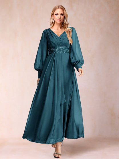 Robe de Mère de la Mariée Coupe A-Line/Princess à Col En V et Manches Longues avec Strass et Volants