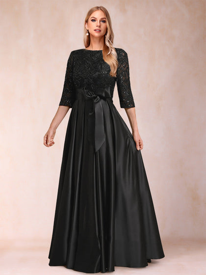 Robe de Mère de la Mariée En Satin à Manches Mi-Longues et Coupe Princesse avec Appliques et Nœud