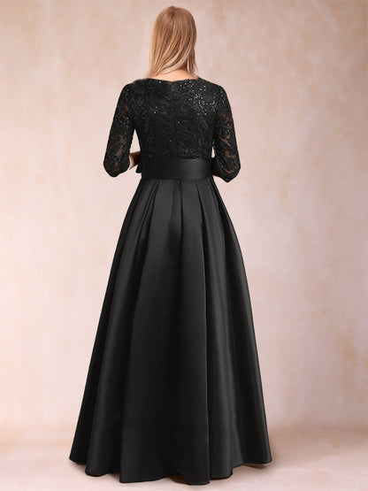 Robe de Mère de la Mariée En Satin à Manches Mi-Longues et Coupe Princesse avec Appliques et Nœud