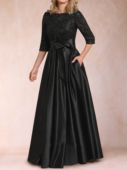 Robe de Mère de la Mariée En Satin à Manches Mi-Longues et Coupe Princesse avec Appliques et Nœud