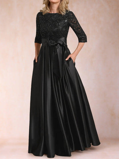Robe de Mère de la Mariée En Satin à Manches Mi-Longues et Coupe Princesse avec Appliques et Nœud
